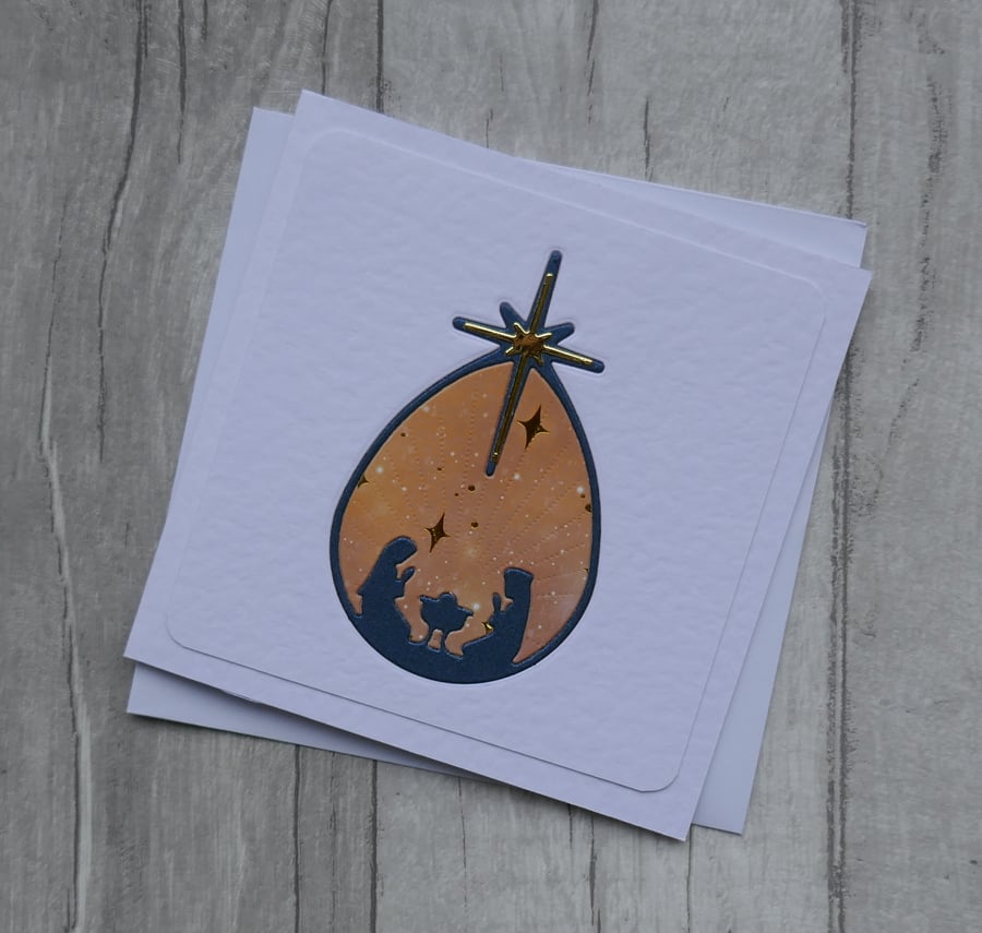 Dark Blue Nativity Bauble with Gold Star - Christmas Card
