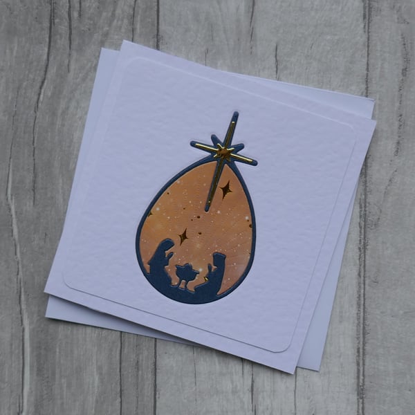 Dark Blue Nativity Bauble with Gold Star - Christmas Card