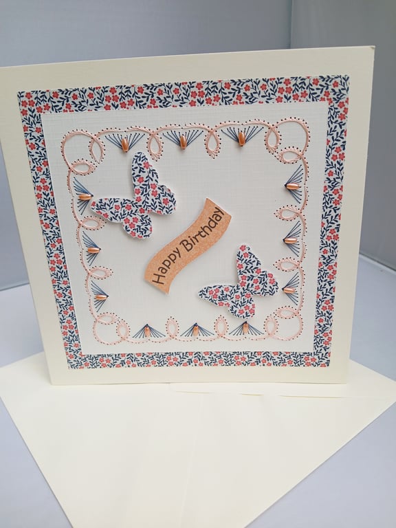 Happy Birthday Card with Beads, Thread and Butterflies