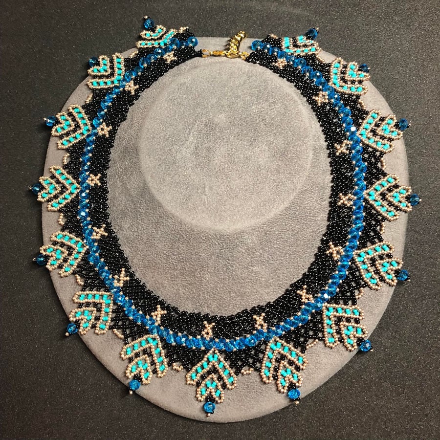 Blue Lagoon Seed bead and Crystal Choker, handmade necklace