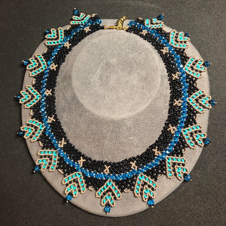 Blue Lagoon Seed bead and Crystal Choker, handmade necklace