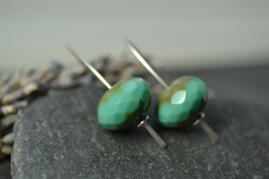 Green turquoise czech glass picasso bead earrings