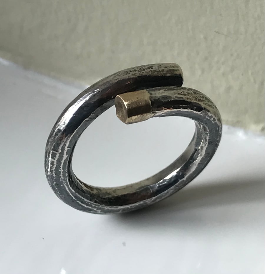 Adjustable Oxidised Sterling Silver and Gold Cast Wrap Ring