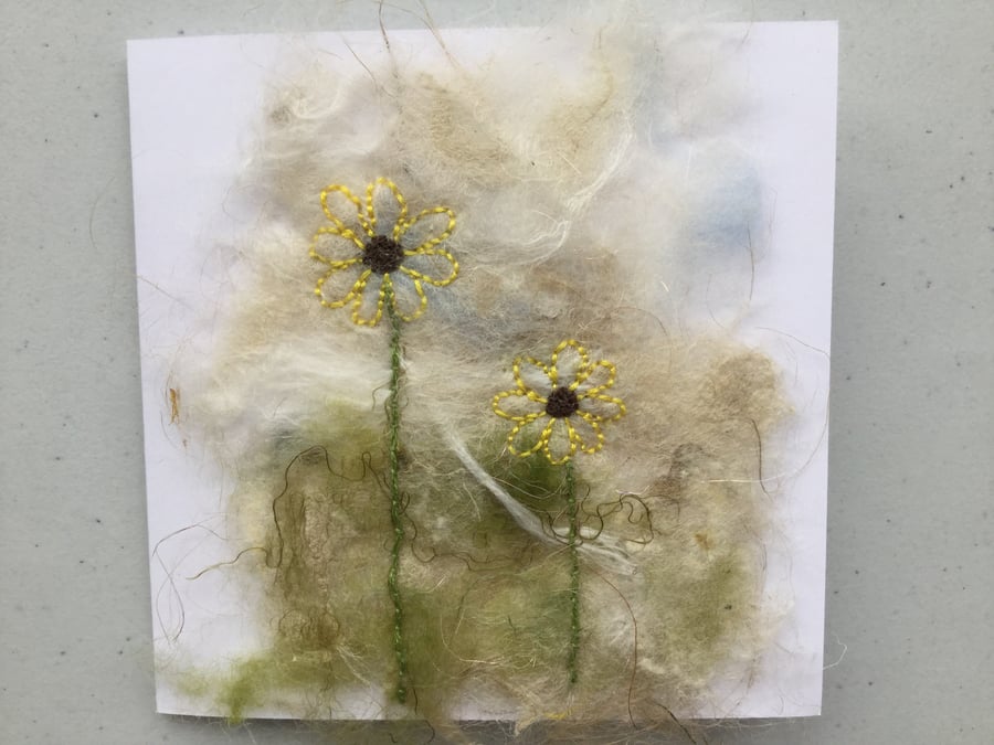 Sunflowers hand embroidered on silk paper greeting card