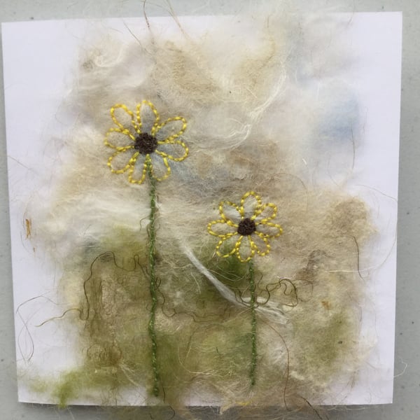 Sunflowers hand embroidered on silk paper greeting card
