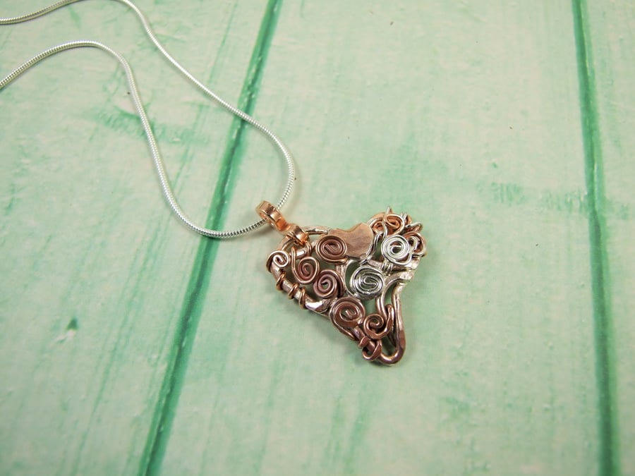Heart Pendant, Copper and Sterling Silver Scrolls Filigree Necklace