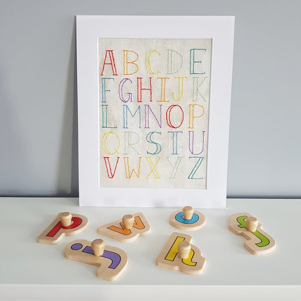 Hand Embroidered Rainbow Alphabet Wall Art