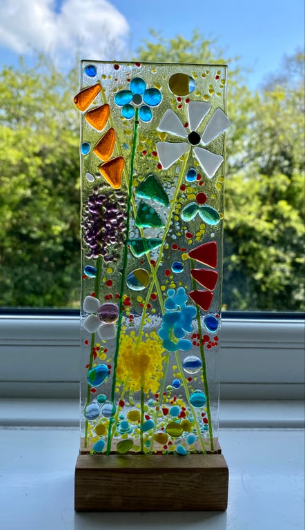 Fused glass colourful meadow flowers panel with wooden stand