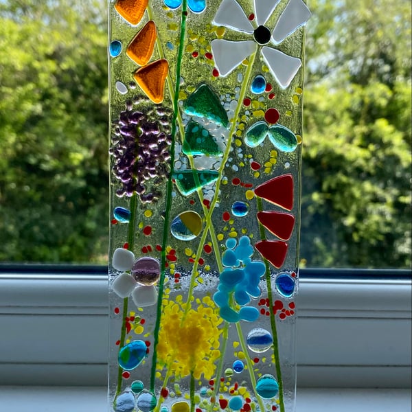 Fused glass colourful meadow flowers panel with wooden stand