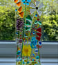 Fused glass colourful meadow flowers panel with wooden stand - Image 1