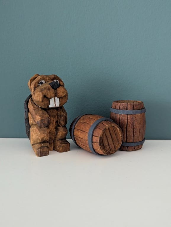 Hand Carved Wooden Beaver and Beer Barrels