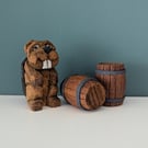 Hand Carved Wooden Beaver and Beer Barrels