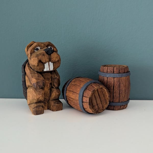 Hand Carved Wooden Beaver and Beer Barrels