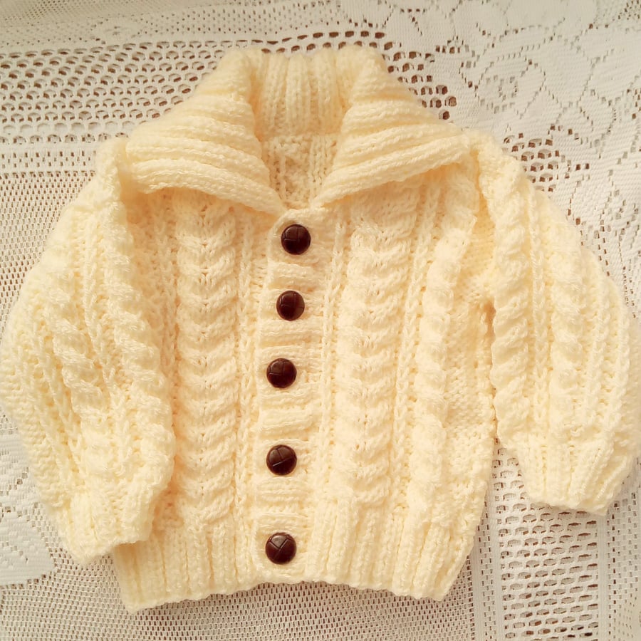 Unisex Knitted Cabled Cardigan with a Collar, Baby Shower Gift, New Baby Gift