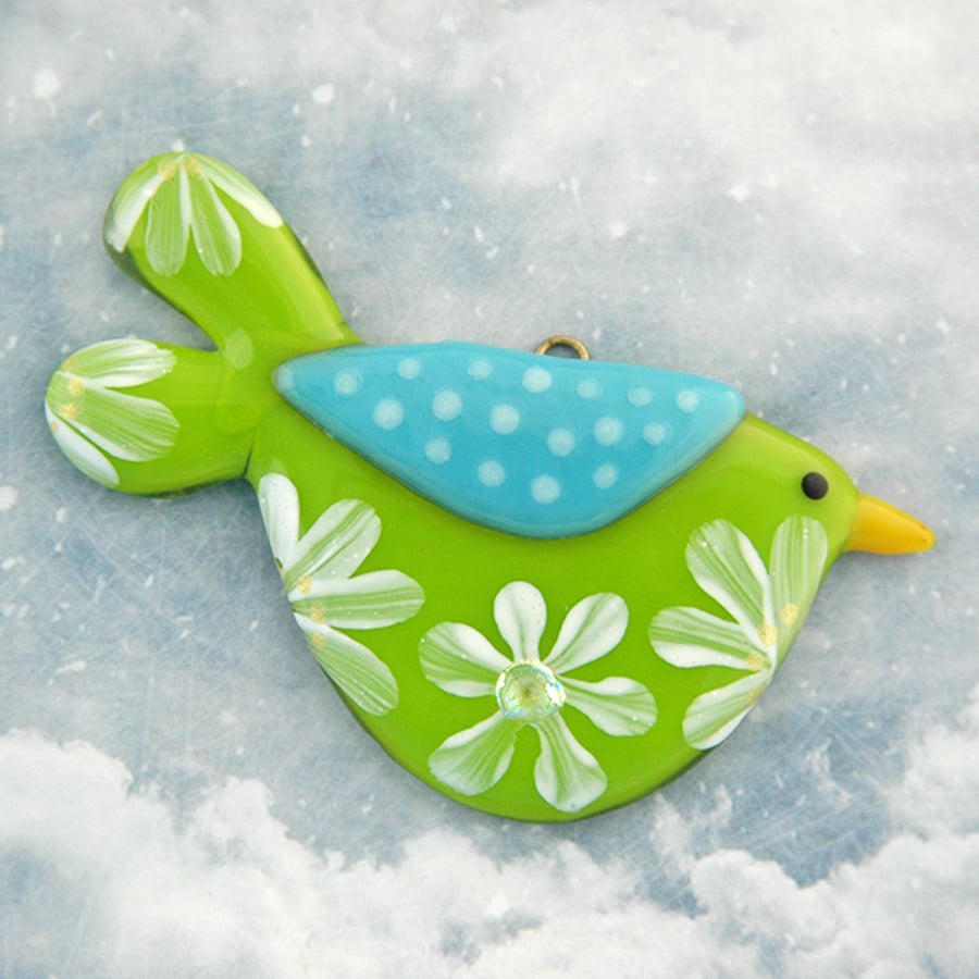 Green Fused Glass Flowery Bird Decoration