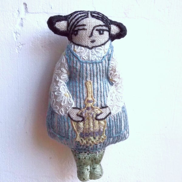 Gorse Fae with Seed Head- A Miniature Hand Embroidered Textile Art Doll, 7.5cms