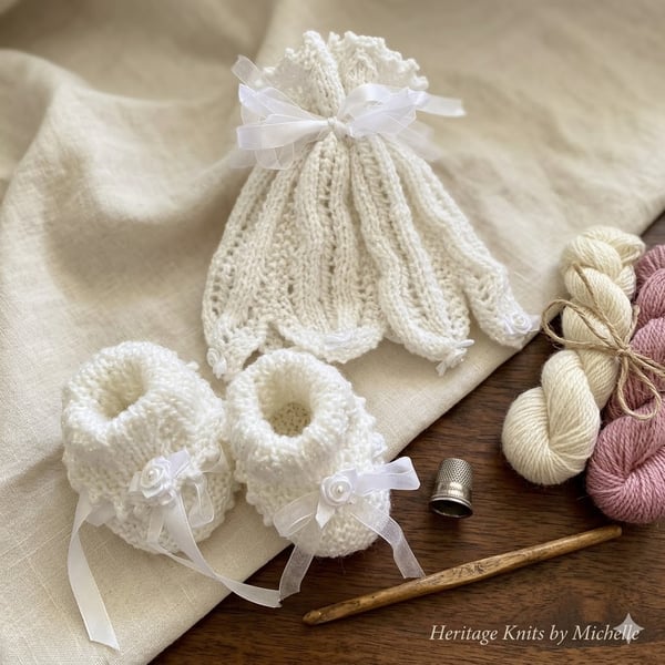 Hand-Knitted White 'Petal' Bonnet & Bootie Set – 0-3 Months Luxury Baby Gift – H