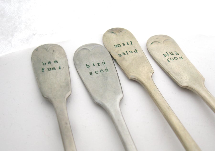 Funny Garden Forks, Four Handstamped Plant Labels