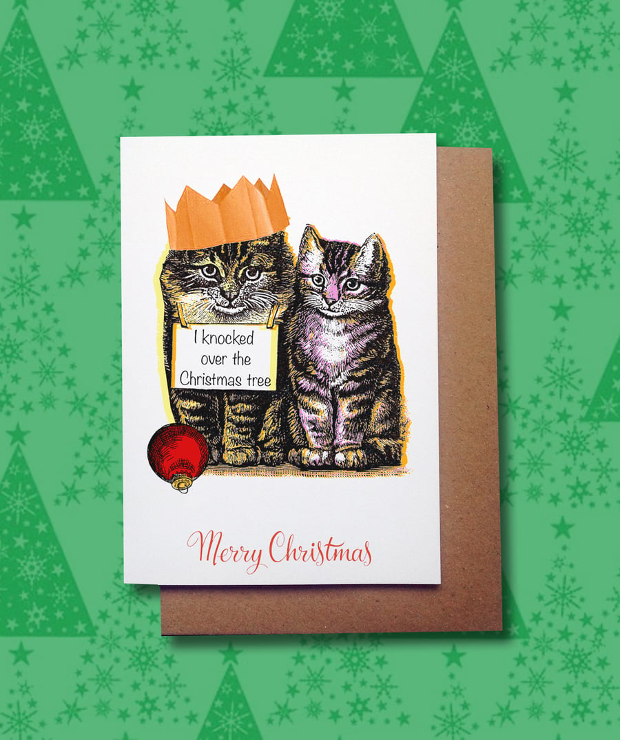 Cat Christmas Greetings Card. funny, Christmas tree