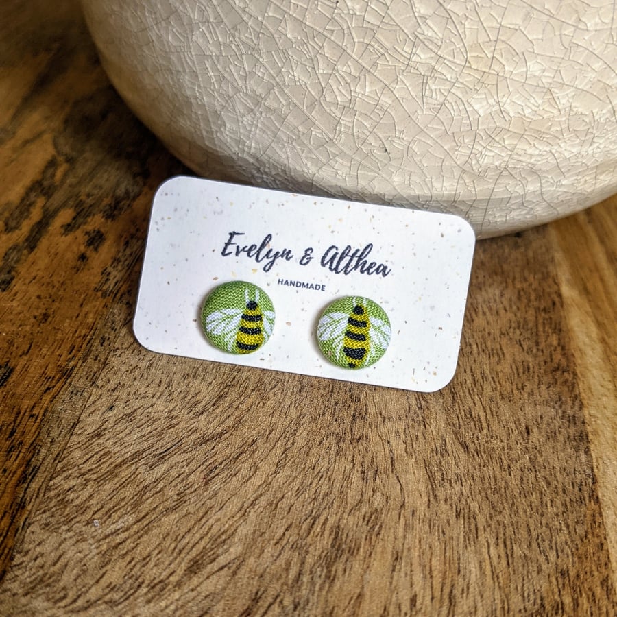 Green Bumble Bee Button Earrings