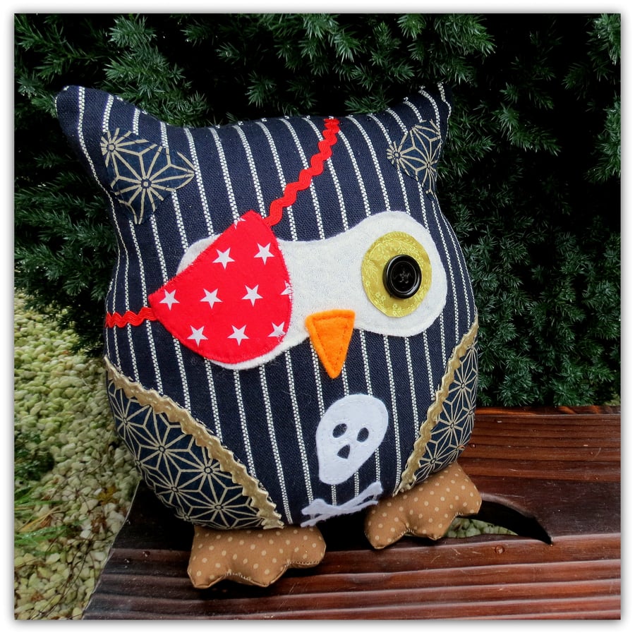 A pinstripe pirate owl cushion. 25cm tall. ( 10 inches ) Owl pillow. Owl decor.