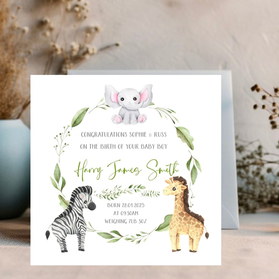 Personalised New Baby Card - Watercolour cute jungle animals
