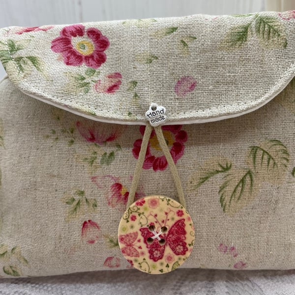Rose print linen pouch, clutch, make up bag PB8