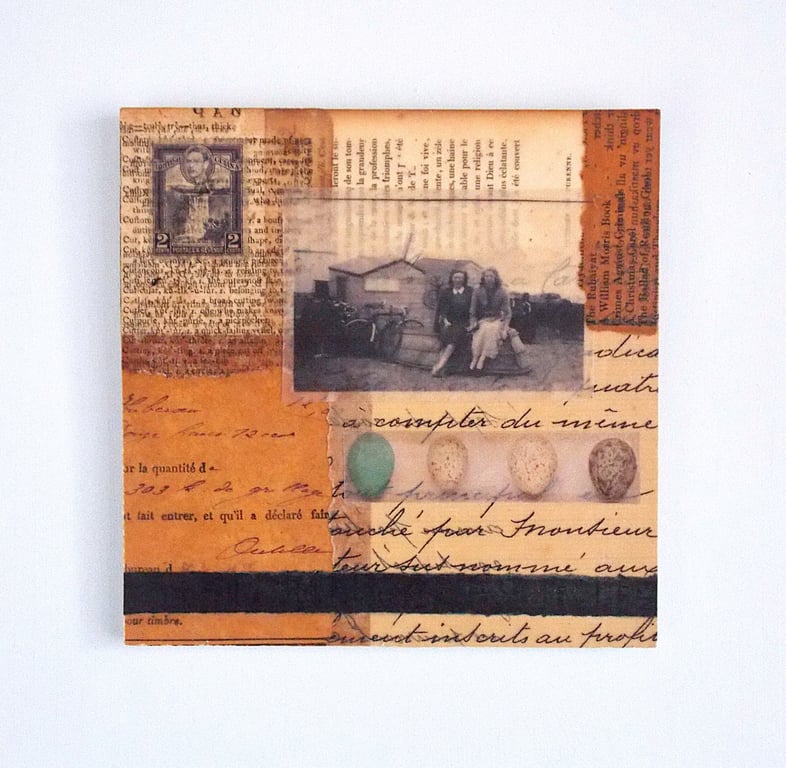 Vintage Paper Collage on Wood Panel, 14.8cms, Free UK Postage (208)
