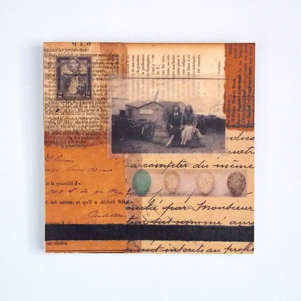 Vintage Paper Collage on Wood Panel, 14.8cms, Free UK Postage (208)