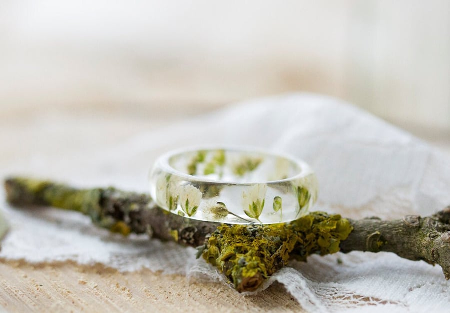 Real Flower Ring White Gyp Botanical Jewellery Baby's Breath Pressed Flower Ring