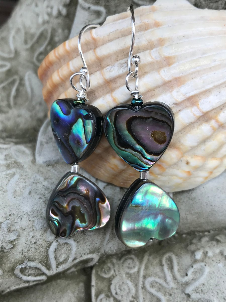 Abalone Shell Drop Earrings Heart Beads