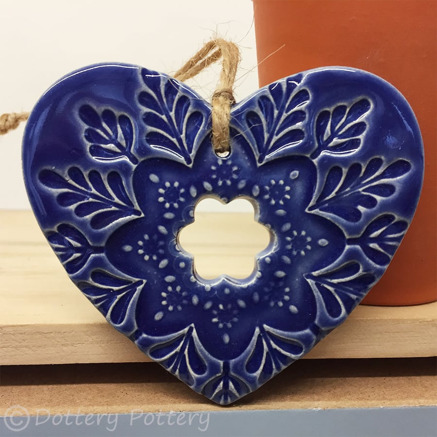 Ceramic heart hanging decoration Pottery Heart Folk art love heart ROYAL BLUE