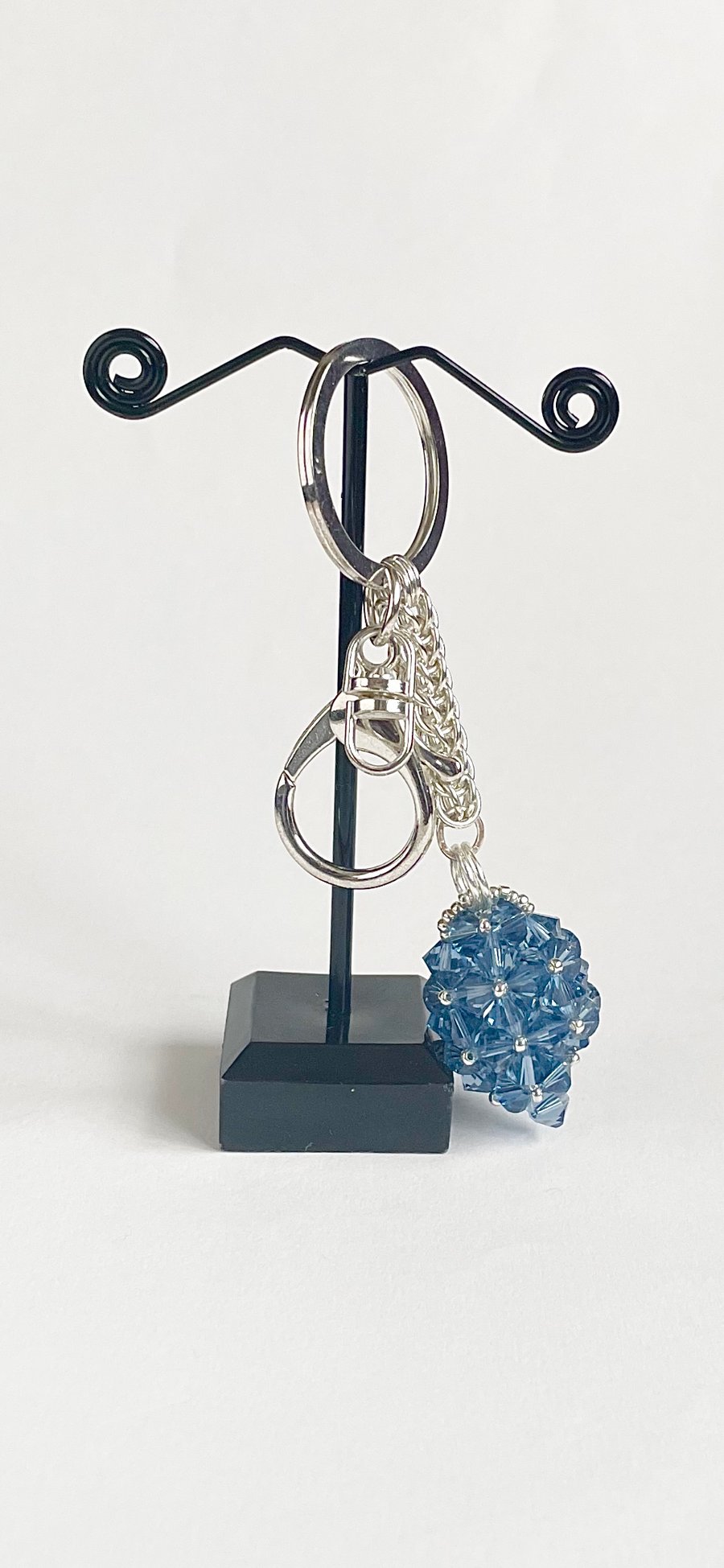 Handbag Charm, Egg Shaped Denim Blue Crystal with a Chainmaille Chain, Keyring