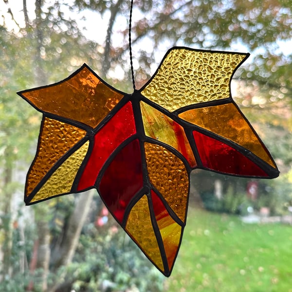 Stained Glass Maple Leaf Suncatcher - Handmade Hanging Window Decoration 