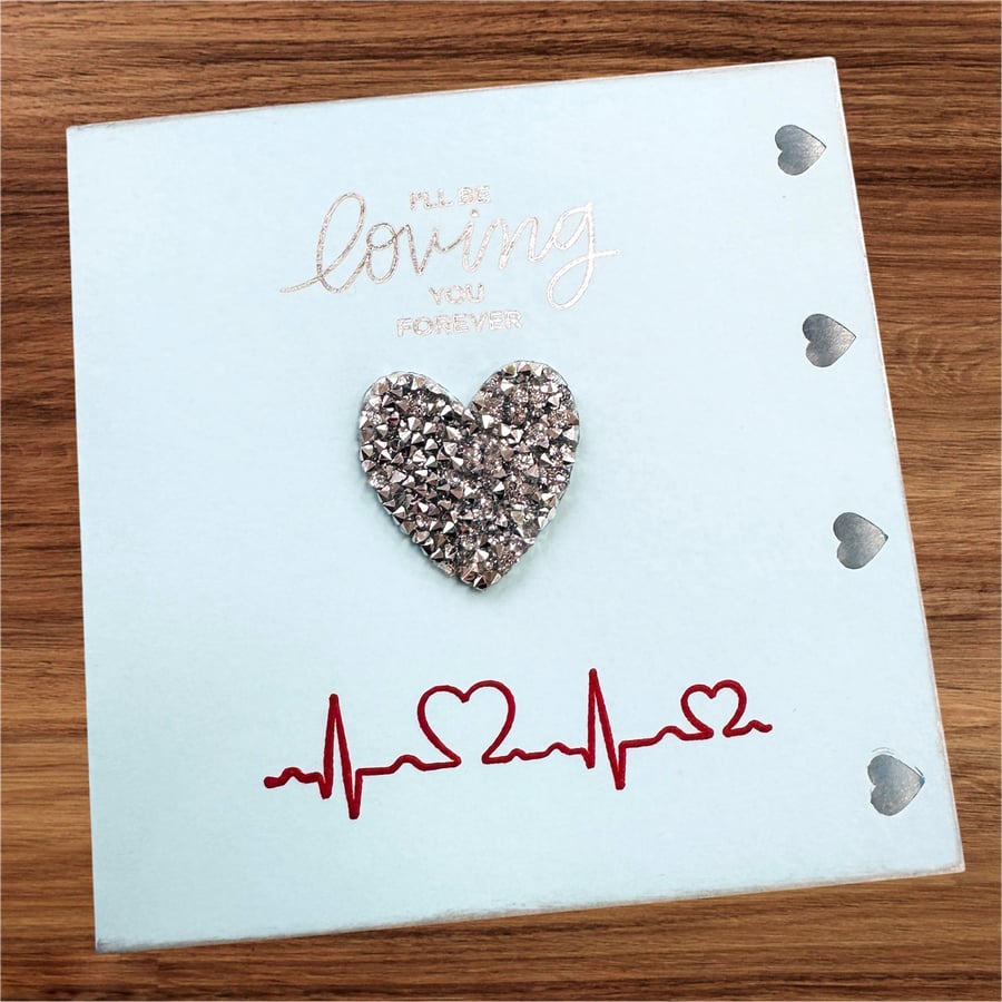 Mother’s Day, occasion card, I love you, silver heart and a red heartbeat.