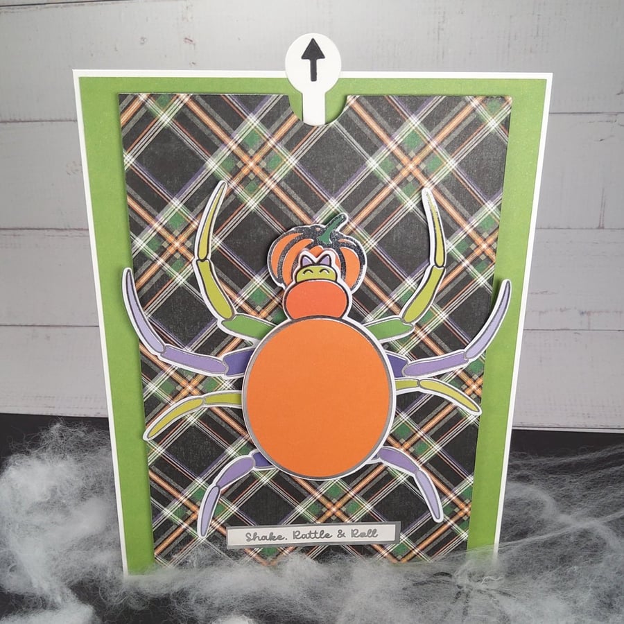 Interactive Halloween Spider Card. Handmade Moving Legs Card.Shake Rattle & Roll