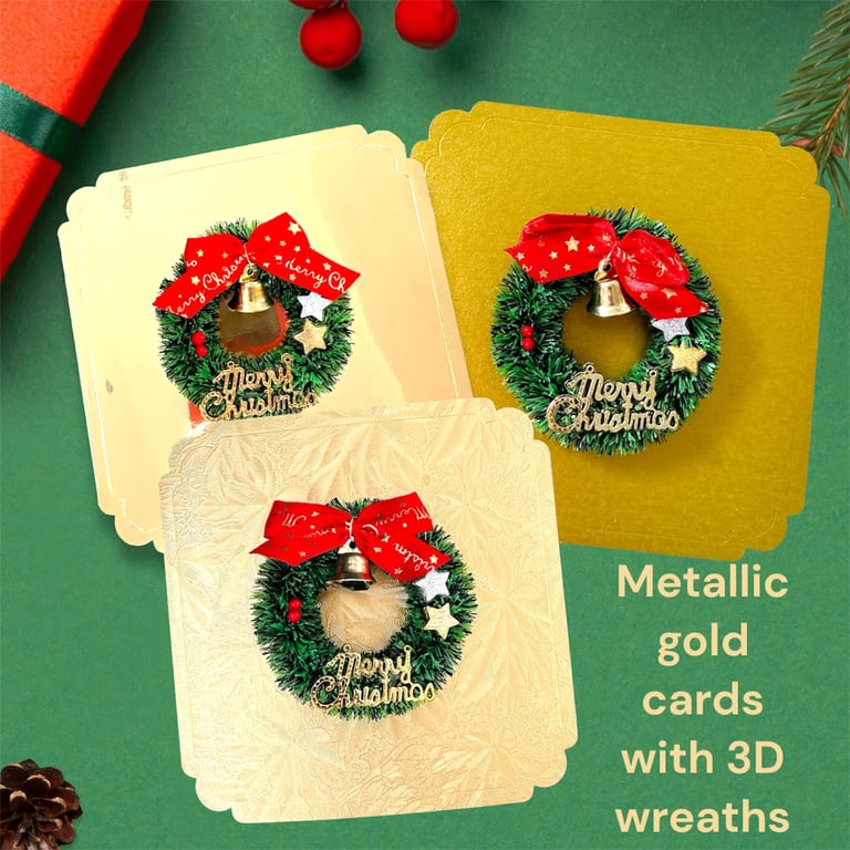 Pack of 3 wreath Christmas cards, shiny, gold with bells, stars, berries 