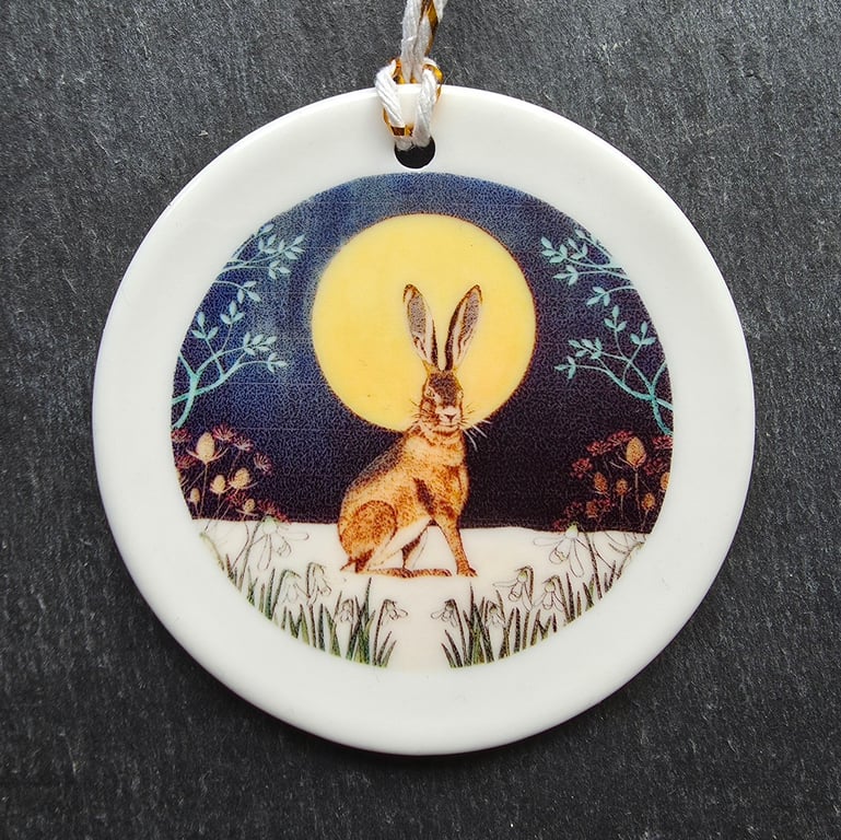 Hare & Snowdrops Ceramic Hanging Bauble 