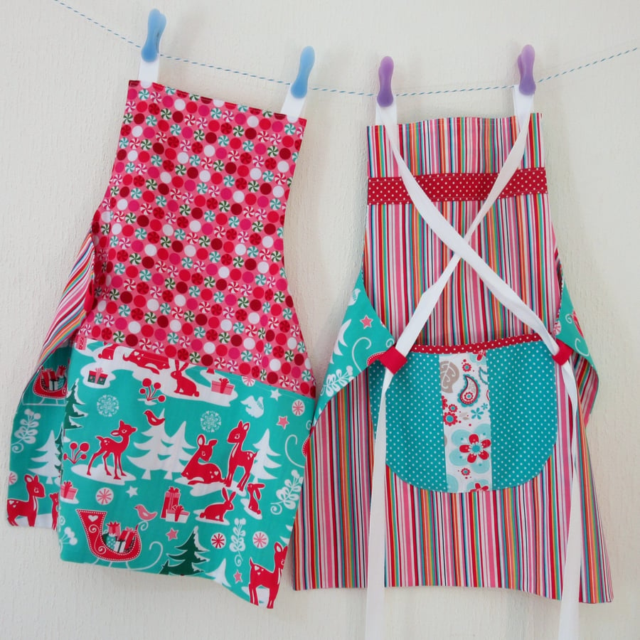 Sale - Reversible Apron - Woodland Animals and Candy Cane Stripe 