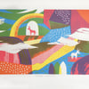 Happenings in Donkey World No.6 3-colour A2 screen print (blue, pink and yellow)