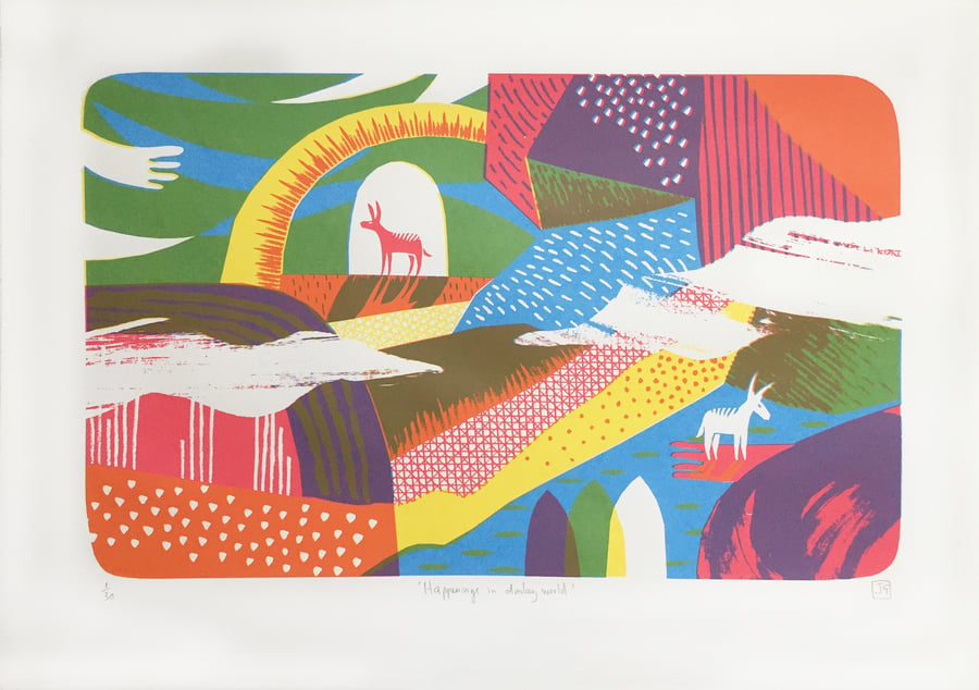 Happenings in Donkey World No.6 3-colour A2 screen print (blue, pink and yellow)