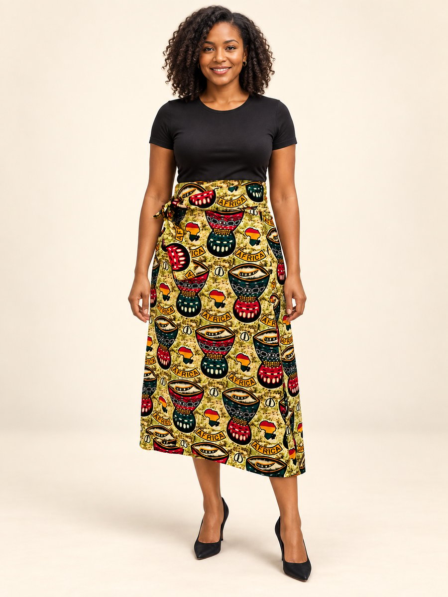 Handmade Drum-Print Cotton Wrap Skirt – UK Size 10