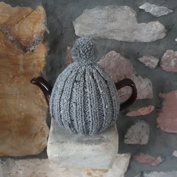 Small Tea Cosy for 2 Cup Tea Pot, Grey Tweed, Hand Knitted