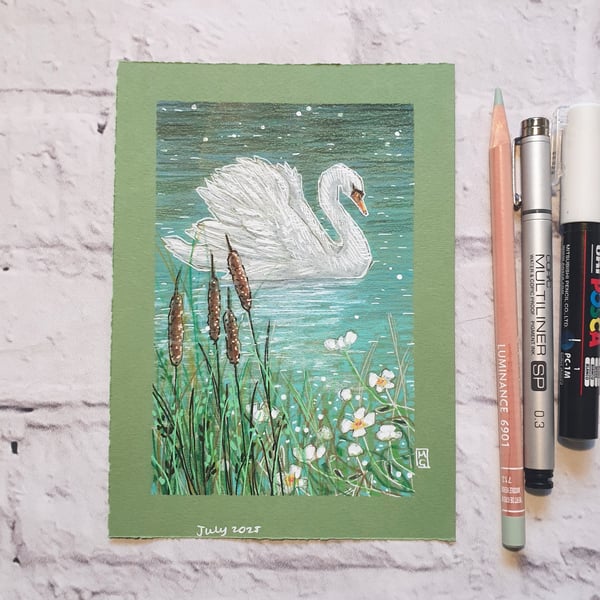 Swan on a lake original drawing, small bird artwork