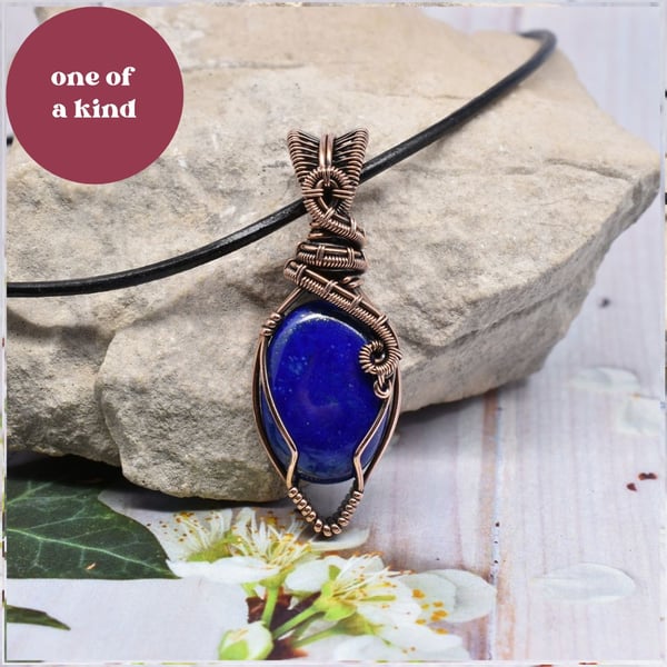 Wire Wrapped Lapis Lazuli and Copper One of a Kind Pendant