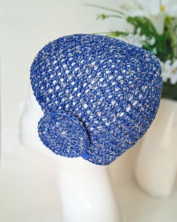 Blue and Silver Sequin Abba Style Crochet Hat