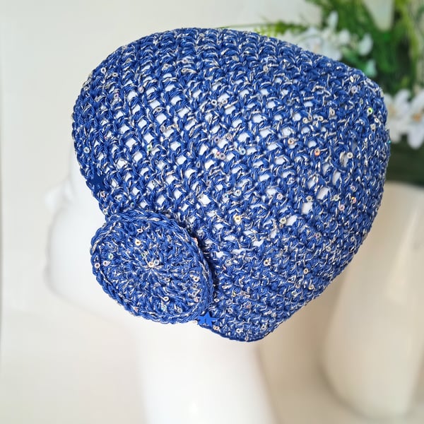 Blue and Silver Sequin Abba Style Crochet Hat