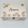 Wooden memory box, keepsake box, pyrography dragonflies, daisies and bee