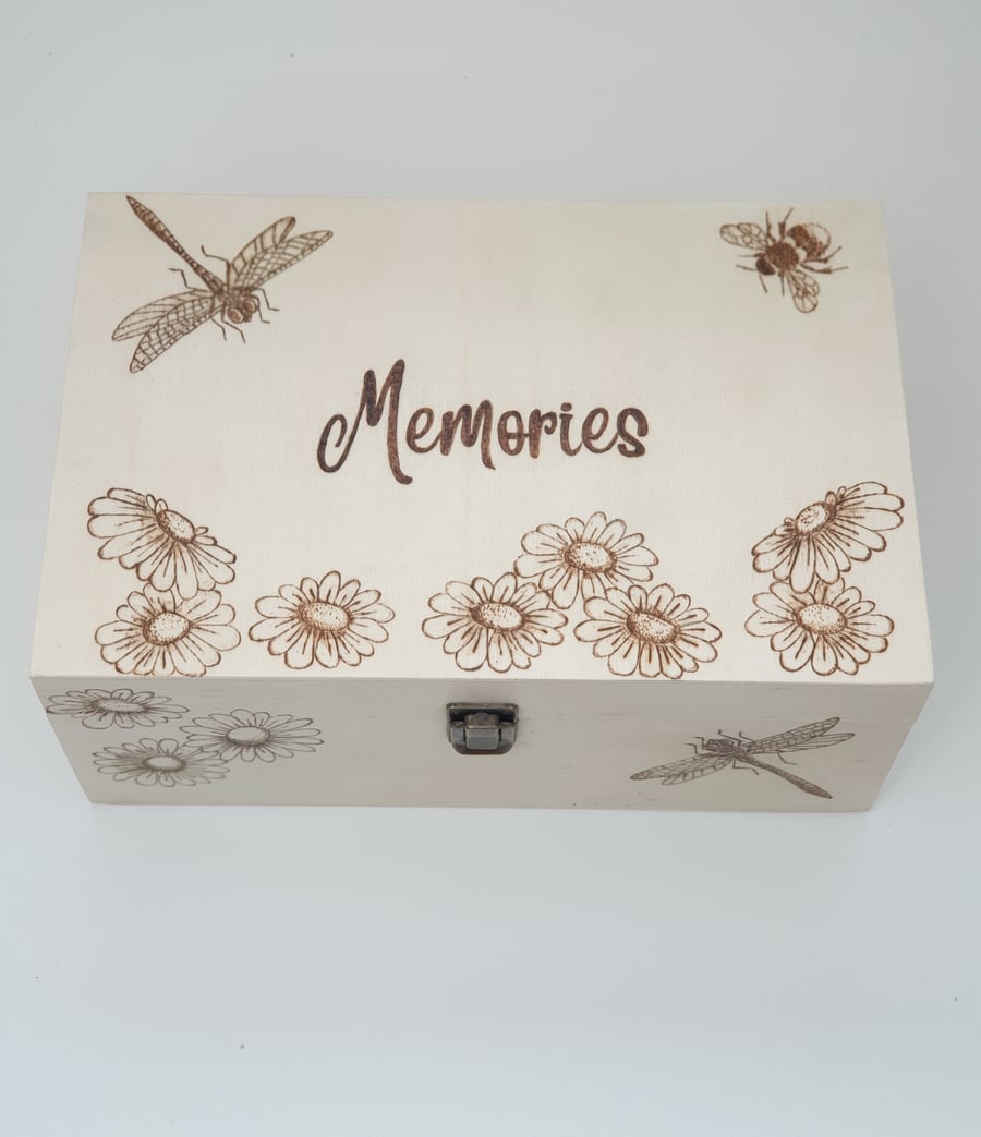 Wooden memory box, keepsake box, pyrography dragonflies, daisies and bee