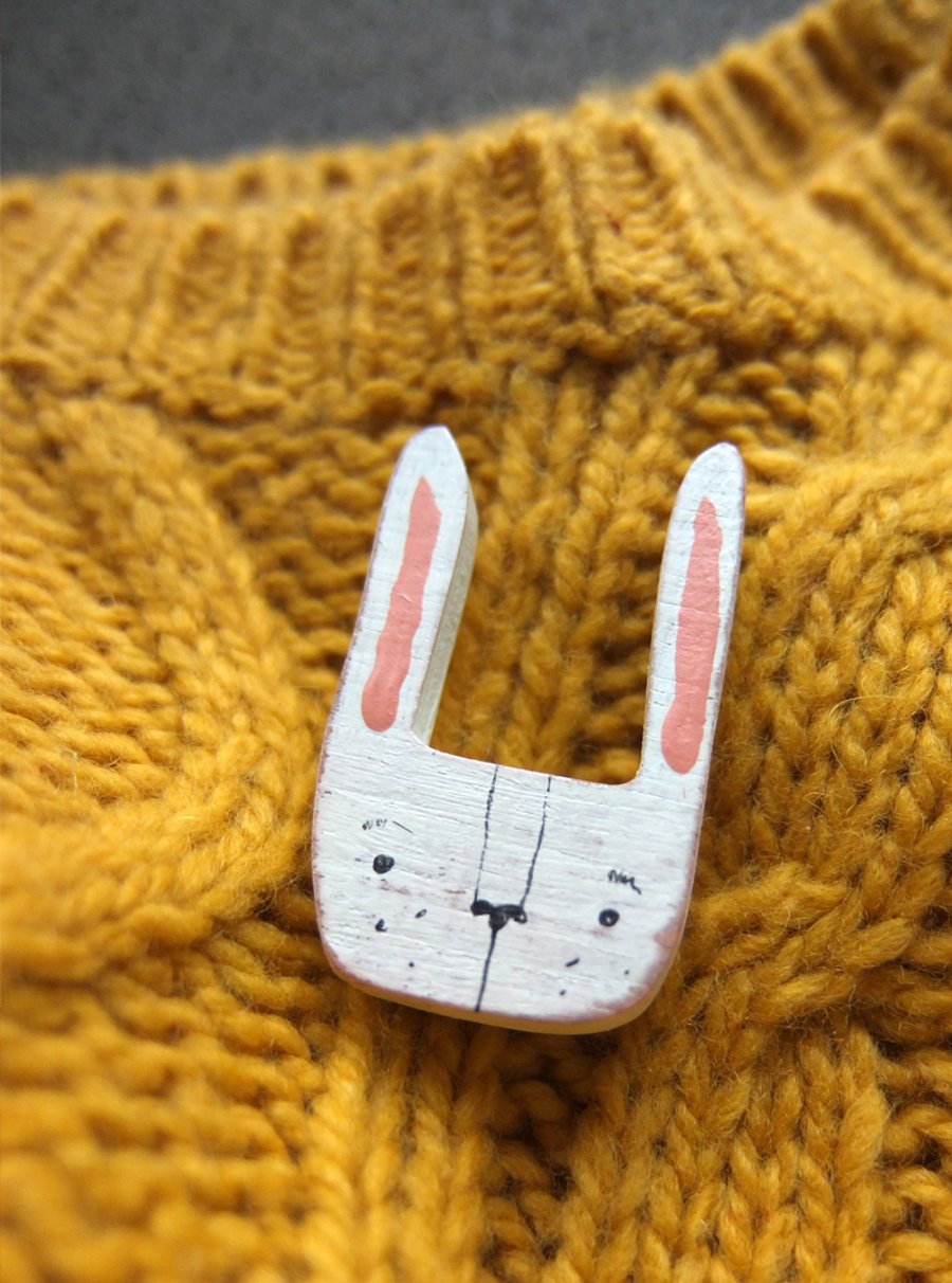 Rustic White Rabbit- hand cut wood brooch